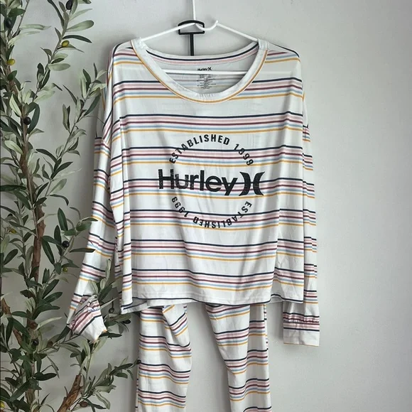 Hurley White Multicolor Striped Pajama Set Sz xl like new condition Bin F - Picture 2 of 5